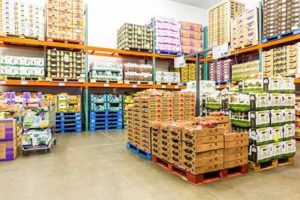 Warehouse with pallets of food boxes. 