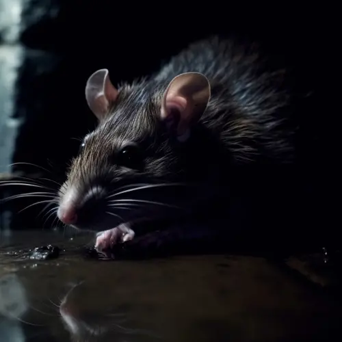 A gray rat in a darkly-lit sewer. Rodent and wildlife exclusion services from RK Environmental Services can prevent rodent infestations before they can begin.