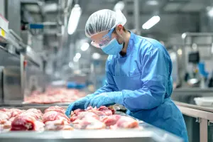 A meat processing plant worker prepares beef for packaging. Birds can pose a serious threat to food and beverage processing plants. Contact RK Environmental Services for your pest bird extermination needs.