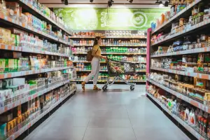 woman with shopping cart between store shelves at a grocery store